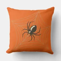 Giant Halloween Spider in its Web orange bg Throw Pillow