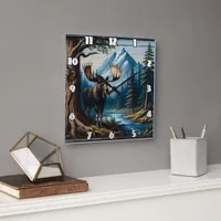 Moose by River With Mountains Behind Square Wall Clock