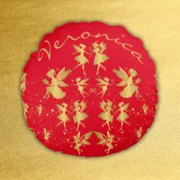 Gold Fairies with Pixie Dust on Red Monogram | Round Pillow