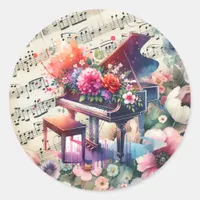 Watercolor Piano and Flowers Classic Round Sticker