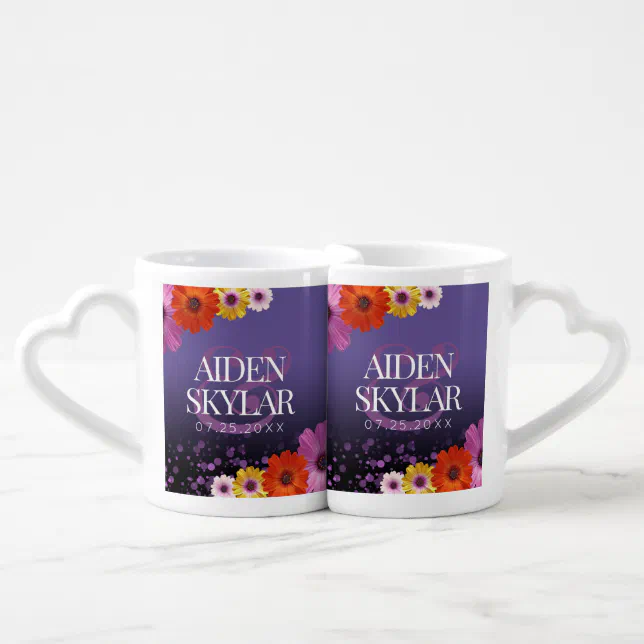 Elegant Daisies with Purple Glitter Newlyweds Coffee Mug Set