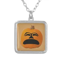 Jack o' Lantern Unhappy Face, Halloween Pumpkin Silver Plated Necklace