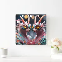 Colorful Articulated Dragon Sculpture With Flowers Square Wall Clock