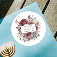 Burgundy Floral Watercolor Bride and Groom Wedding Classic Round Sticker