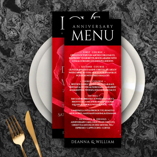 Elegant 15th Rose Wedding Anniversary Celebration Menu