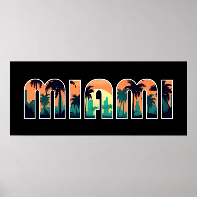 Vector sunset scene over MIAMI lettering Poster