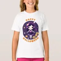 Cute Kawaii Girl in Pumpkins Halloween T-Shirt