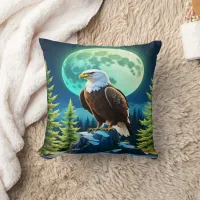 Eagle Perched on Rock Under Full Moon Throw Pillow