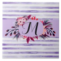 Watercolor Lavender Purple Stripes Floral Frame Ceramic Tile