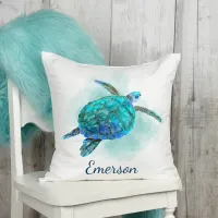 Watercolor Sea Turtle Ocean Name Throw Pillow