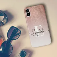 Rose Gold Glitter White Monogram Black Script Name iPhone X Case