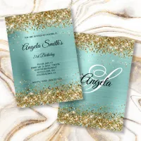 Sparkly Gold Glitter Turquoise Foil Monogram Invitation