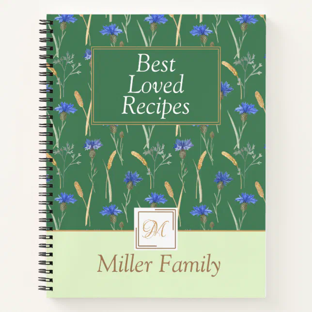 Green Floral Wildflower Mongoram Recipe Notebook