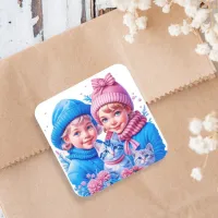 Vintage Kids with Blue and Pink Kittens Christmas Square Sticker