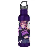 Pretty Anime Girl in Headphones with Cat Ears Stainless Steel Water Bottle