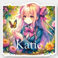 Anime Girl and Butterfly Watercolor Personalized Sticker