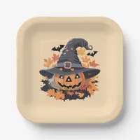 Jack-o-Lantern in Witch Hat Halloween Paper Plates