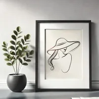 Elegant Minimalist Line Art of Woman in Hat Framed Art