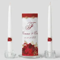 Elegant Red White and Gold Floral Monogram Wedding Unity Candle Set