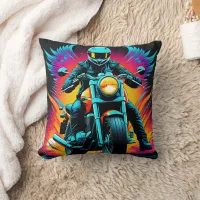 Fiery motorcycle rider in vibrant sunset glow throw pillow