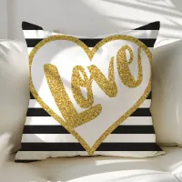 Love Black & White Gold Glitter Stripes Throw Pillow