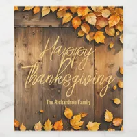 Artistic Fall Leaves on Rustic Wood Thanksgiving Wine Label