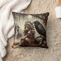 Native Woman by Water With Raven Throw Pillow