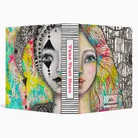 Whimsical Art Colorful Girl Jester Black White Fun 3 Ring Binder