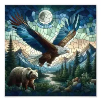 Mosaic Bear and Eagle in the Mountains Ai Art Photo Print