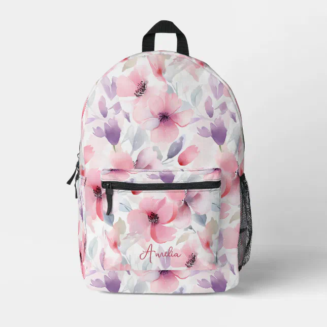 Watercolor Pink & Purple Floral Pattern Printed Backpack