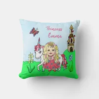 Personalized Princess and Unicorn Rainbow Girl's Throw Pillow