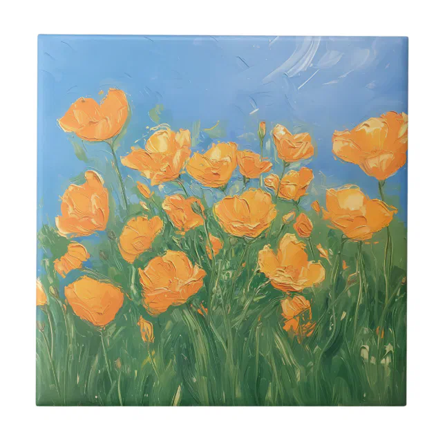 California Poppy Field Sky Impressionist Painting Ceramic Tile