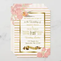 Pink and Gold Flowers and Bird Wedding Invitations