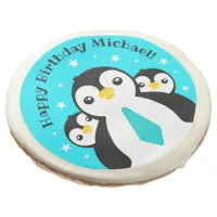 Cute Happy Birthday Boy Penguins Blue Neckties Sugar Cookie