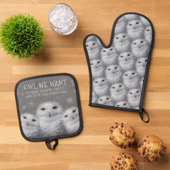 Funny Owl We Want for Christmas ... Snowy Owls Oven Mitt & Pot Holder Set