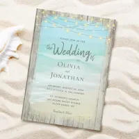 Rustic Beach Wood String Lights Waves Wedding Invitation