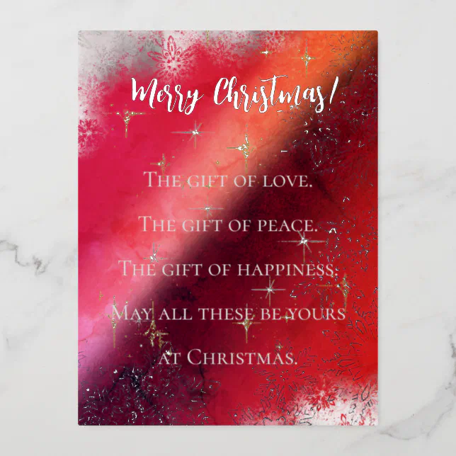 Merry Christmas in red with snowflakes and stars Foil Holiday Postcard