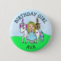 Birthday Girl Personalize Button Princess Unicorn