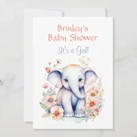 Cute Baby Elephant Girl's Baby Shower  Invitation