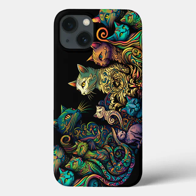 Stylized Cat Tribe Colors on Black Frieze iPhone 13 Case