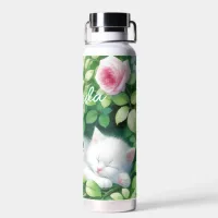 Sweet Napping White Kitten under a Rose Bush  Water Bottle