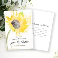 Yellow Sunflower in Vase Share a Memory Funeral  Note Card