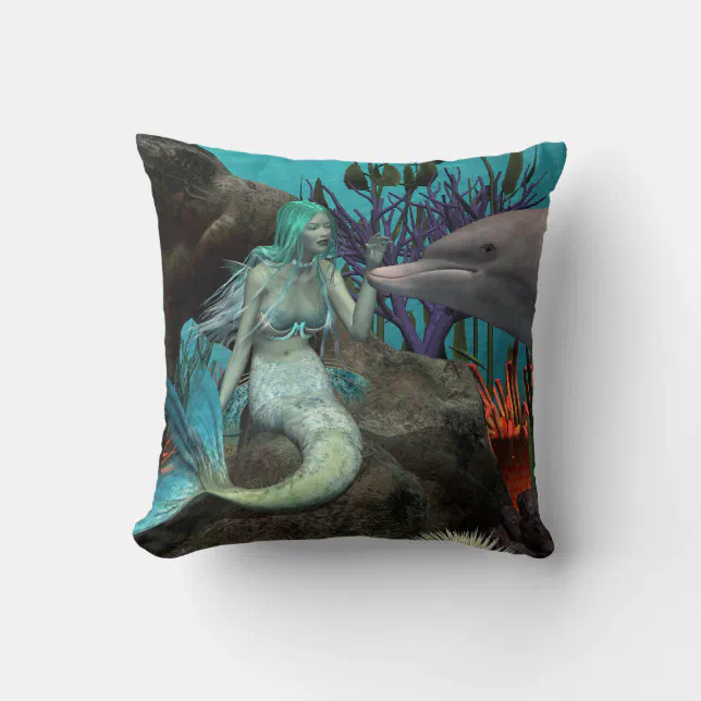 Mermaid and Dolphin Under the Sea Throw Pillow