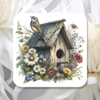 Pretty Watercolor Rustic Birdhouse and Bird Square Sticker