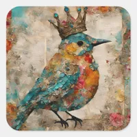 Bird in a Crown Mixed Media Collage Square Sticker