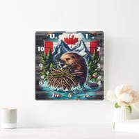 Canadian Beaver by Snowy Peaks Square Wall Clock