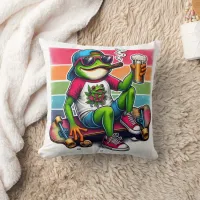 Frog ready to party with a drink on a skateboard throw pillow