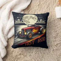 A classic hot rod roaring under a full moon night throw pillow