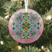 Pink Butterflies Mandala Christmas Glass Ornament