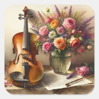 Violin, Sheet Music and a Vase of Flowers  Square Sticker